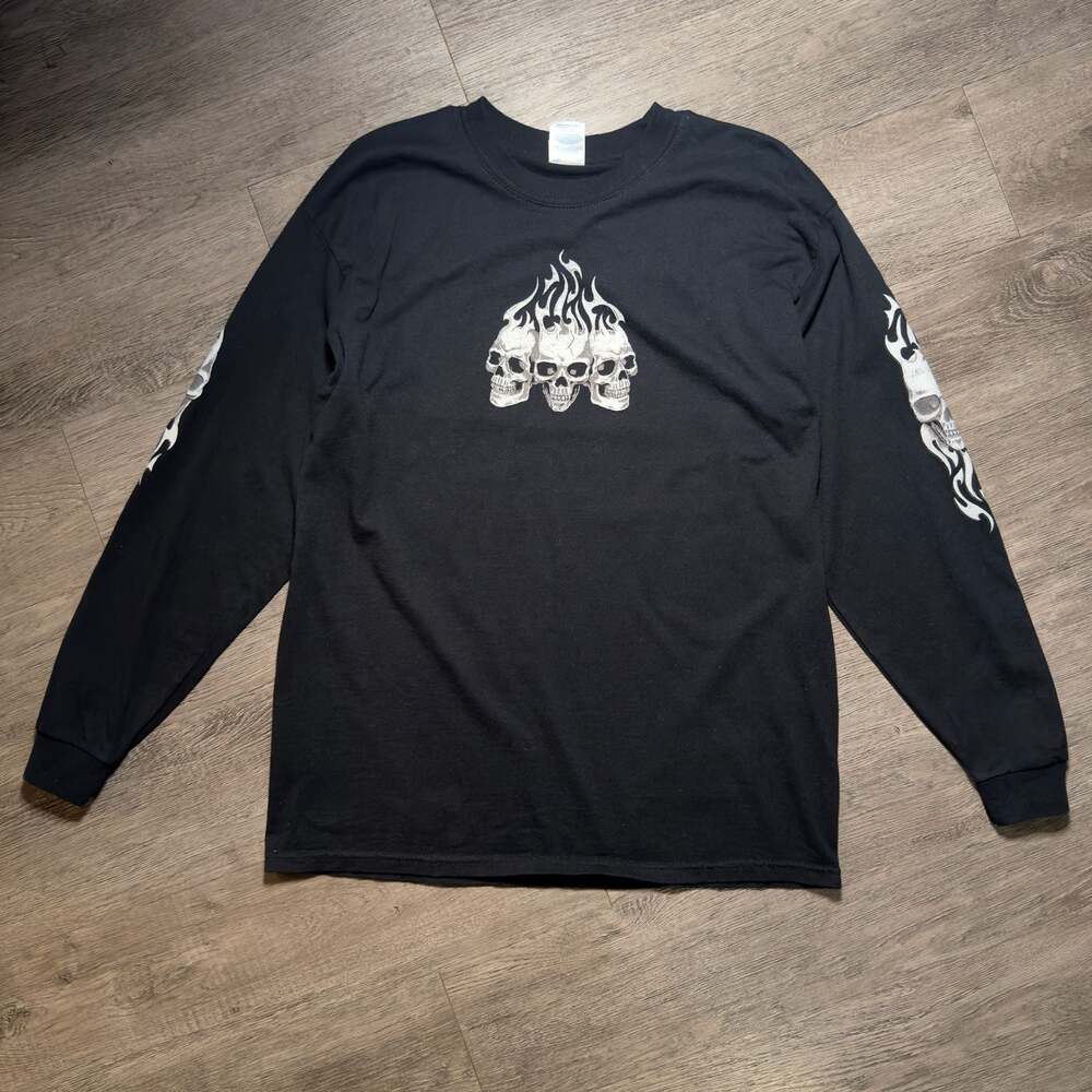 JC's Cycles Harley Davidson Biker Long Sleeve Graphic T-Shirt with Flame Skulls